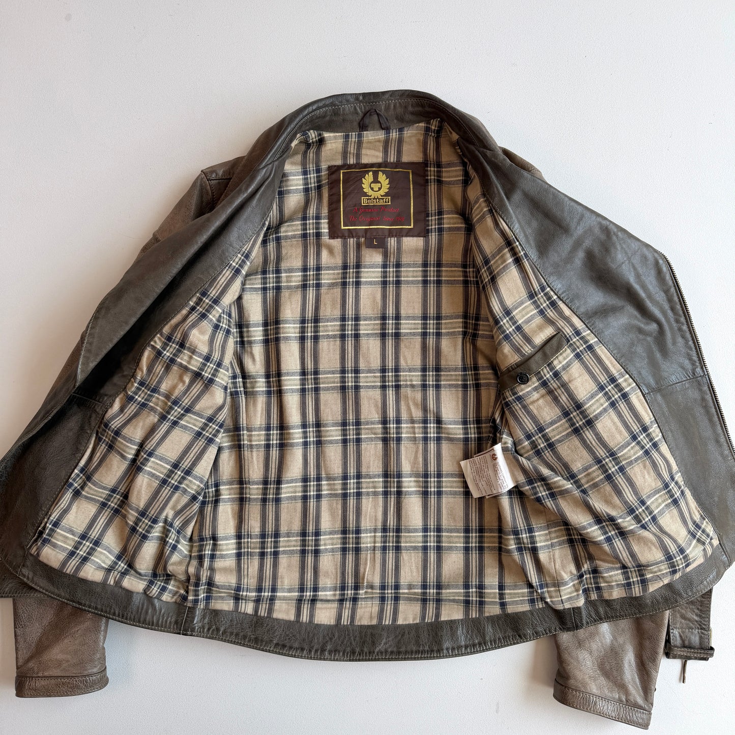 Belstaff Gold Label (L) Taupe Leather Belted Asymmetrical Zip Jacket
