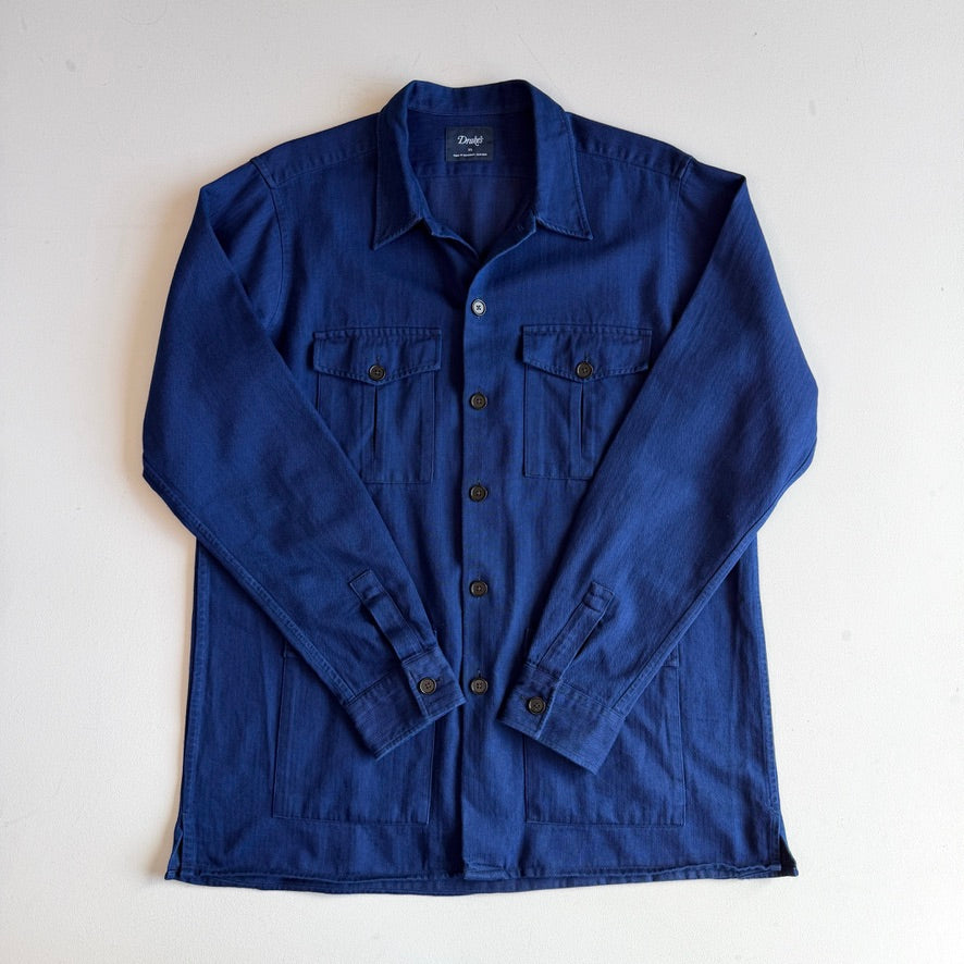 Drake's (XL) Deep Indigo Cotton Herringbone Chore Coat Jacket