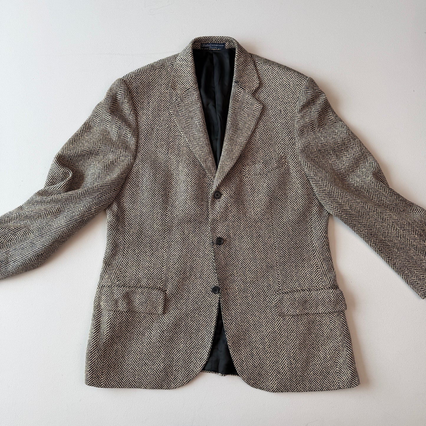 VNTG Polo Ralph Lauren (40R) 100% Silk Herringbone Beige/Black Sports Coat