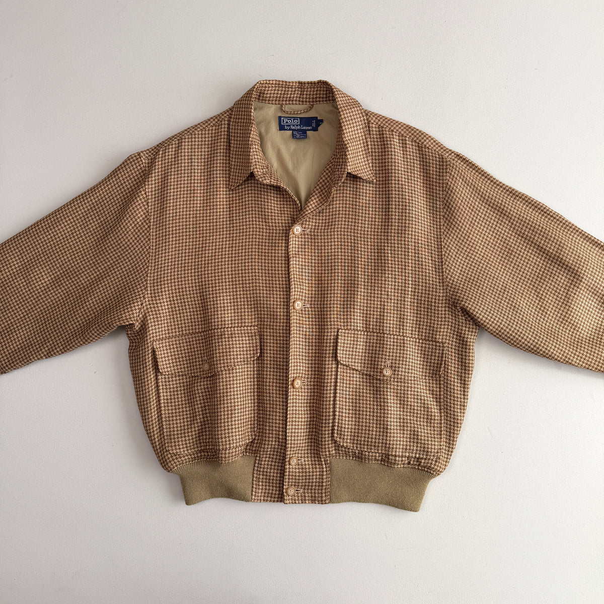 VNTG Polo Ralph Lauren (L) 100% Linen Houndstooth Button Bomber-Style Jacket