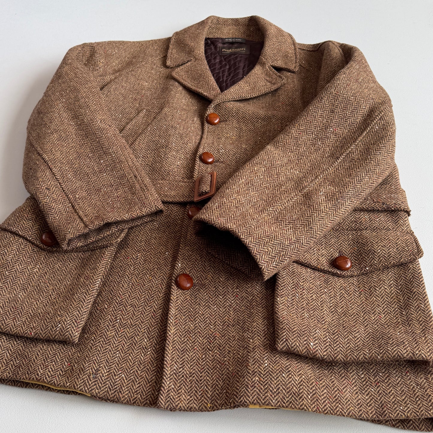 VNTG Paul Stuart (54) Tweed Wool Belted Balmacaan Norfolk-Style Field Coat
