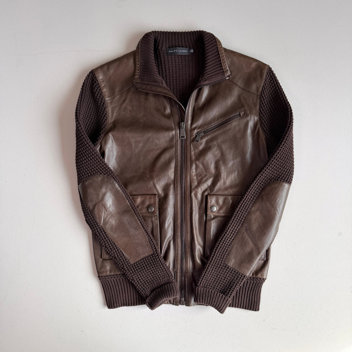Ralph Lauren Black Label (S) Leather Front Cotton Knit Brown Cardigan Sweater