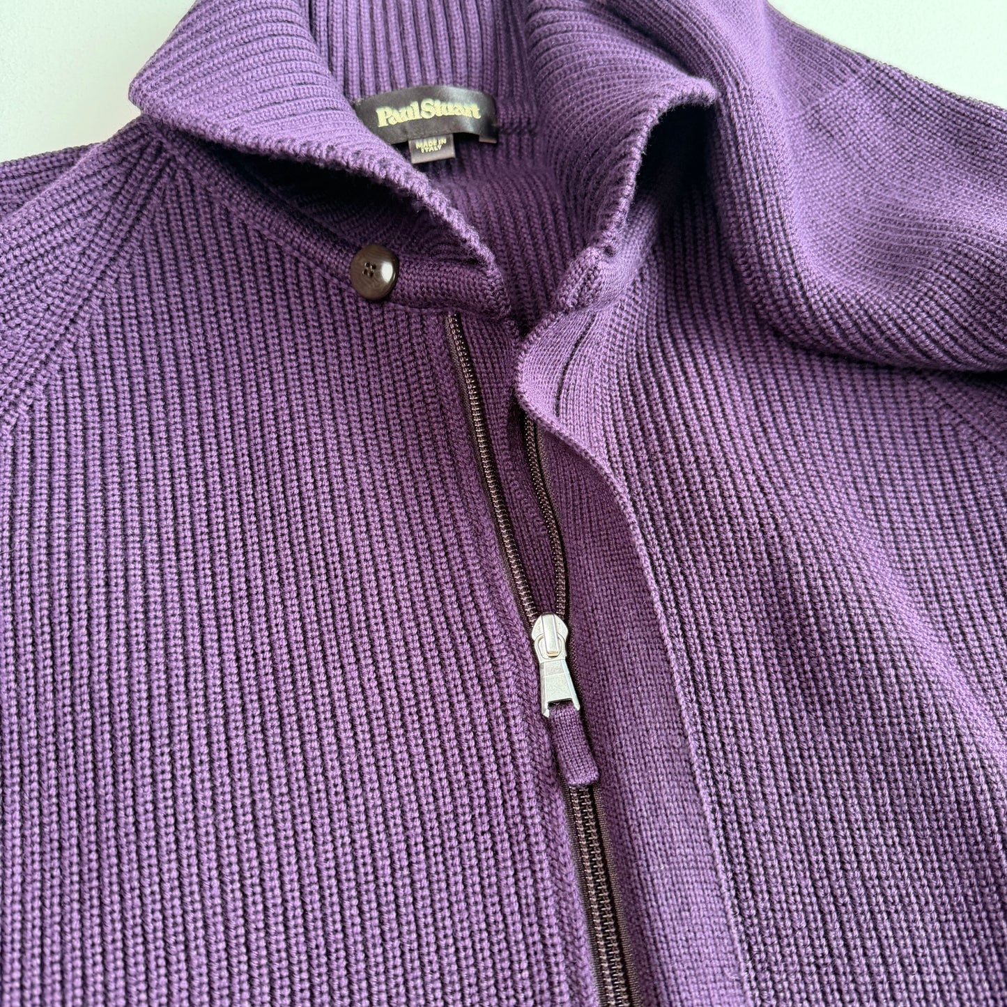Paul Stuart (XL) Royal Purple Wool Heavy Rib-Knit Zip Sweater Cardigan