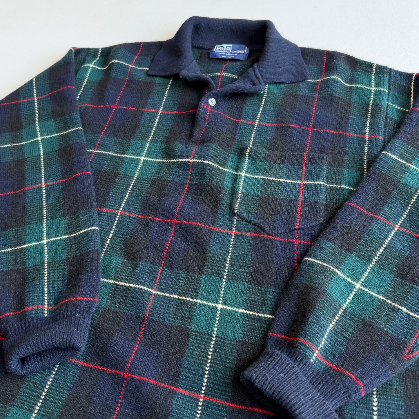 VNTG Polo Ralph Lauren (L) 100% Cashmere Tartan Plaid Collared Pullover Sweater