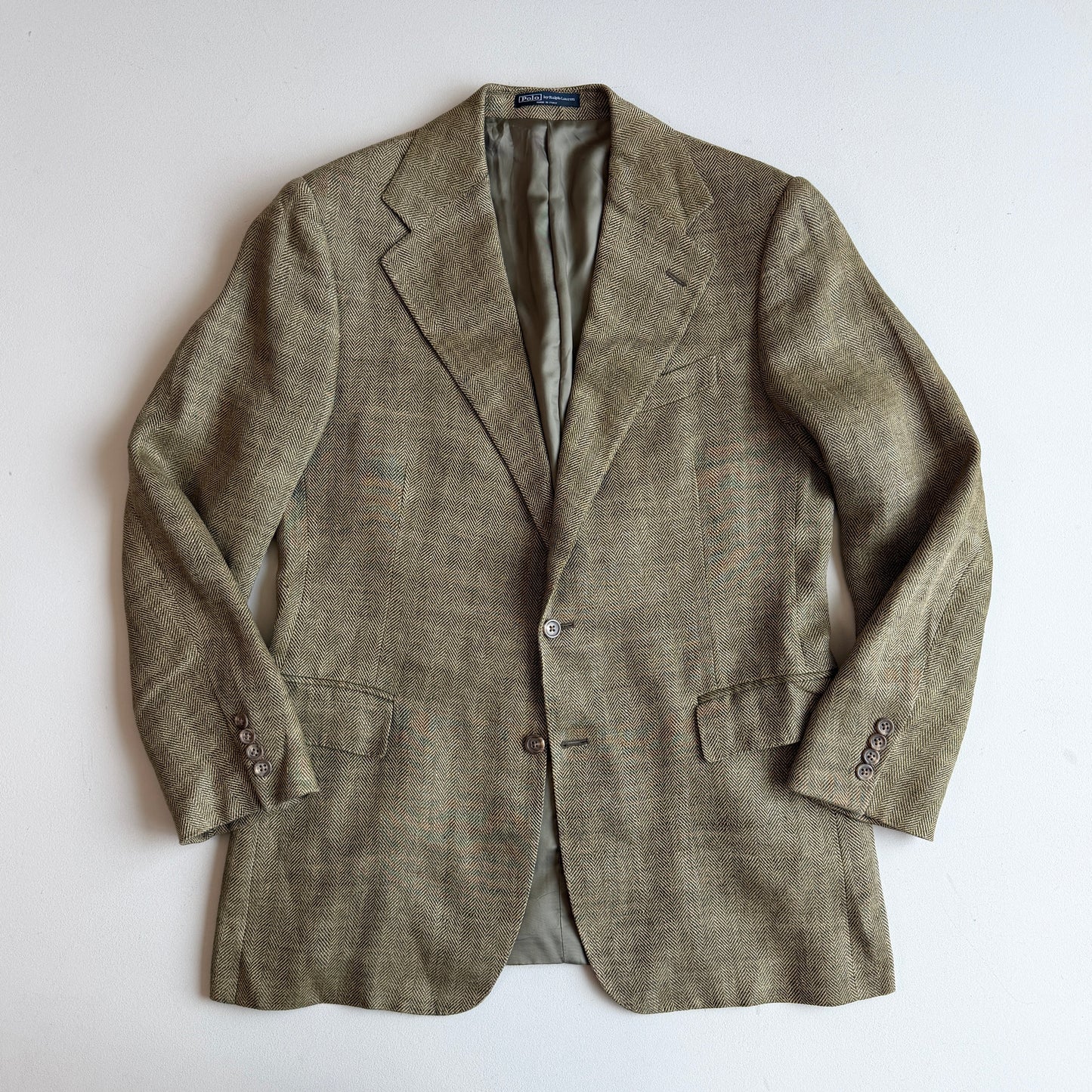 Polo Ralph Lauren (42R) Olive Green 100% Flax Tweed Herringbone Sport Coat