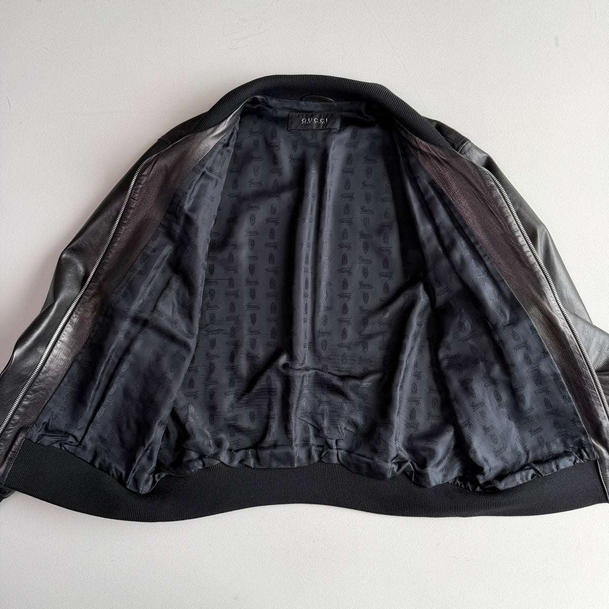 Gucci (58IT /2XL) Black Leather Bomber Style Green/Red Accent Jacket