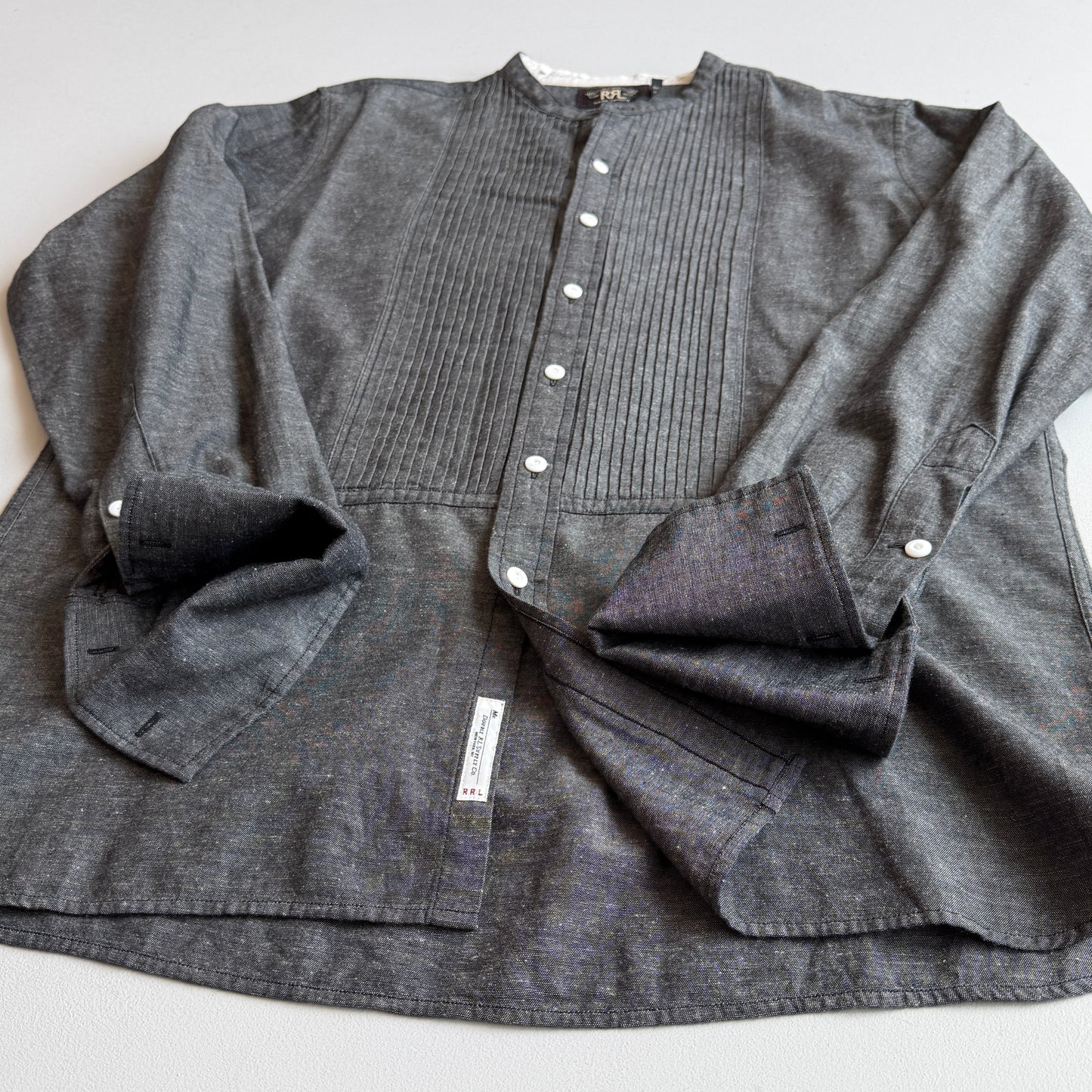 RRL Ralph Lauren (L) Pleated Bib Tuxedo Collar French Cuff Chambray Shirt