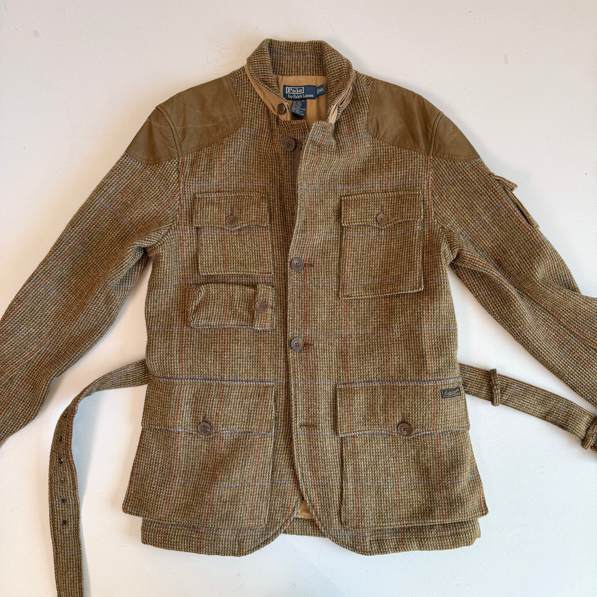 Polo Ralph Lauren (42L) Wool Tweed Olive Overcheck Field Belted Sport Jacket Coat
