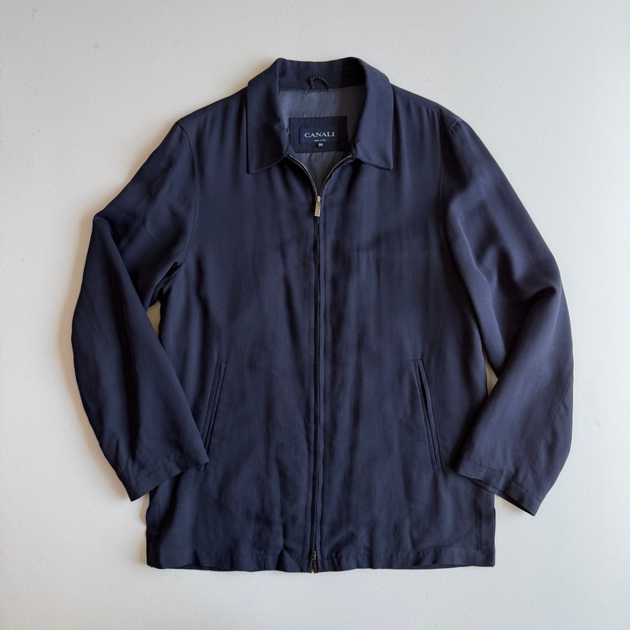 Canali (56 / 46L) 100% Silk Navy Blue Full Zip Tailored Harrington Jacket