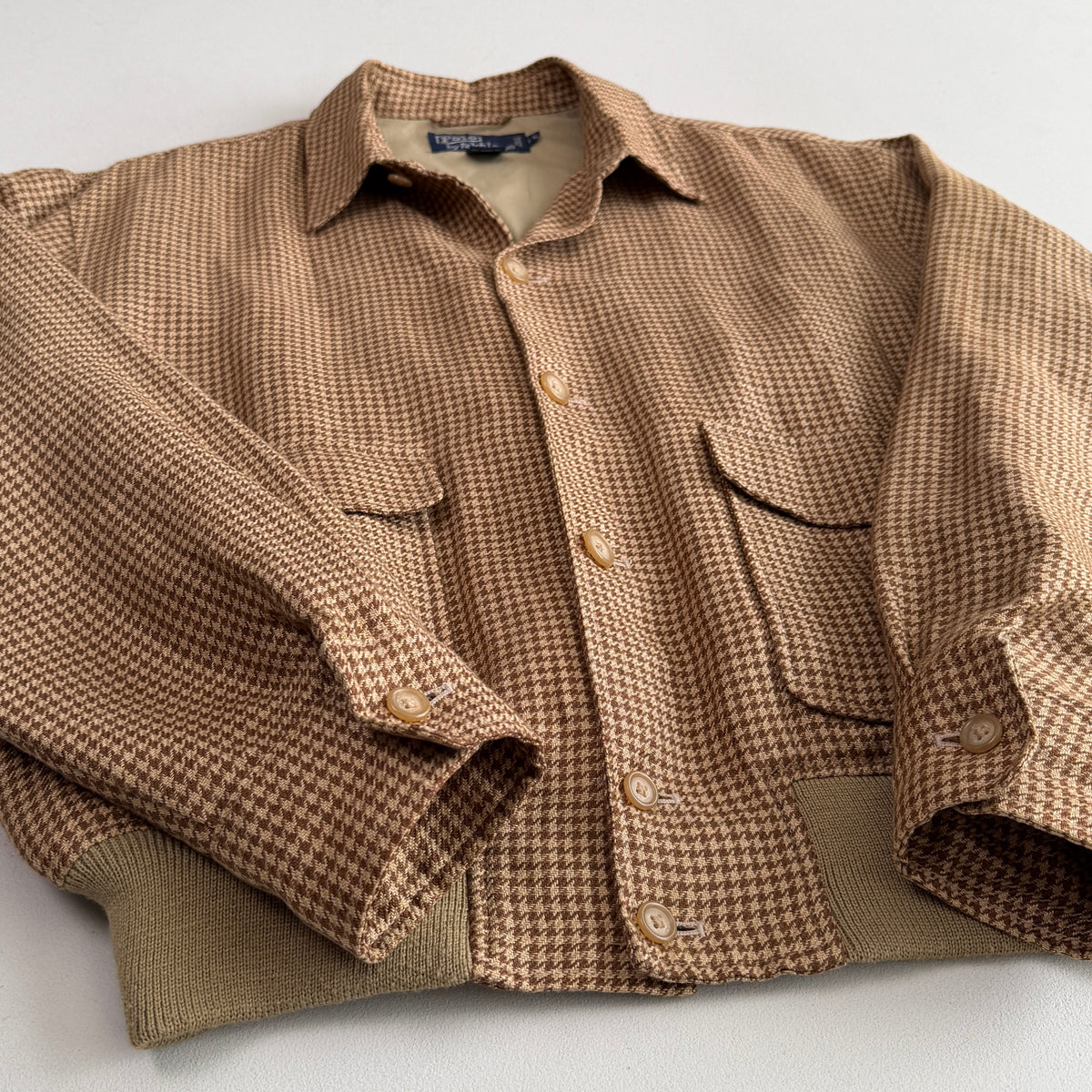 VNTG Polo Ralph Lauren (L) 100% Linen Houndstooth Button Bomber-Style Jacket