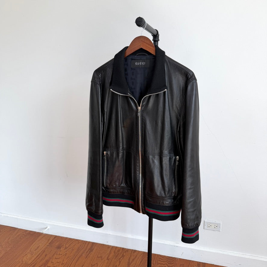 Gucci (58IT /2XL) Black Leather Bomber Style Green/Red Accent Jacket