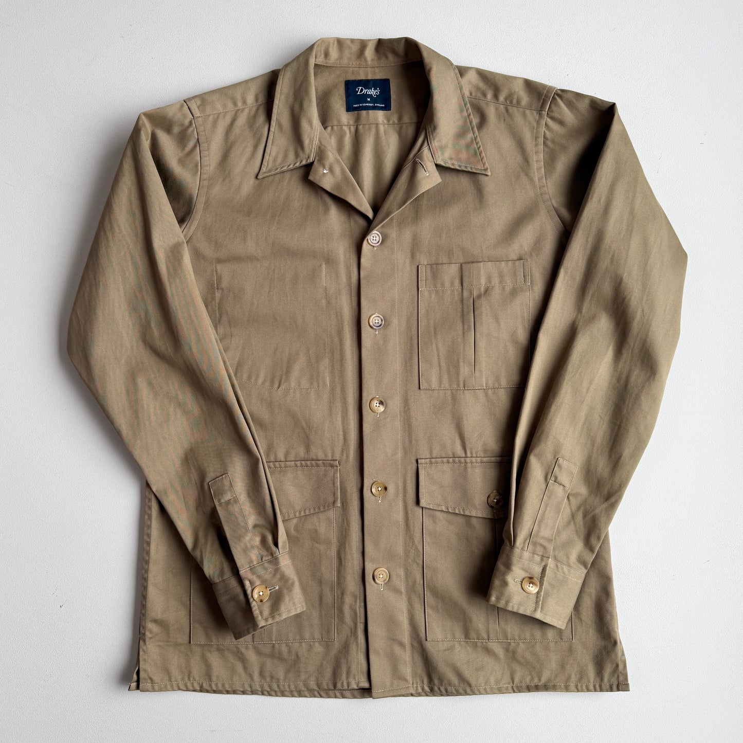 Drake's London (M) Olive/Khaki Twill Cotton Iridescent Over Shirt