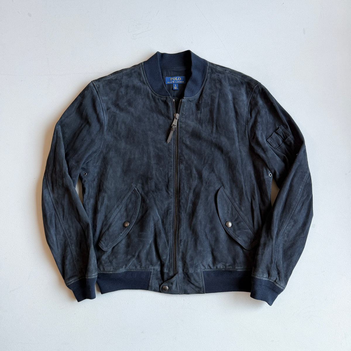 Polo Ralph Lauren (L) Navy Blue Goat Suede Leather Bomber Jacket