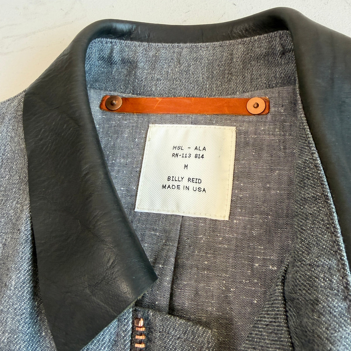 Billy Reid (M) Leather Collar Gray Denim Copper Hardware Field Jacket