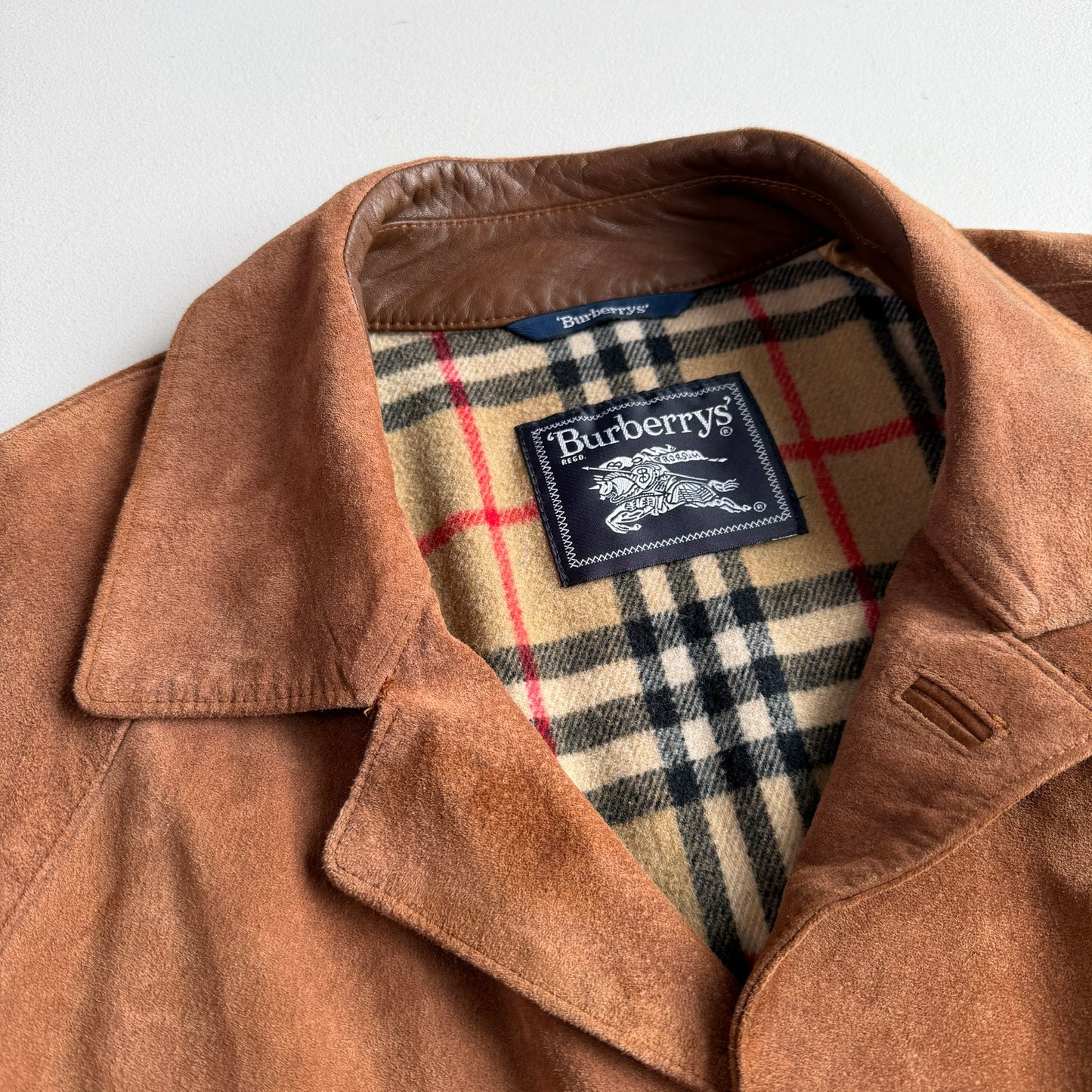 Burberry (52 /54) Suede Nova Check Raglan Balmacaan Leather Coat