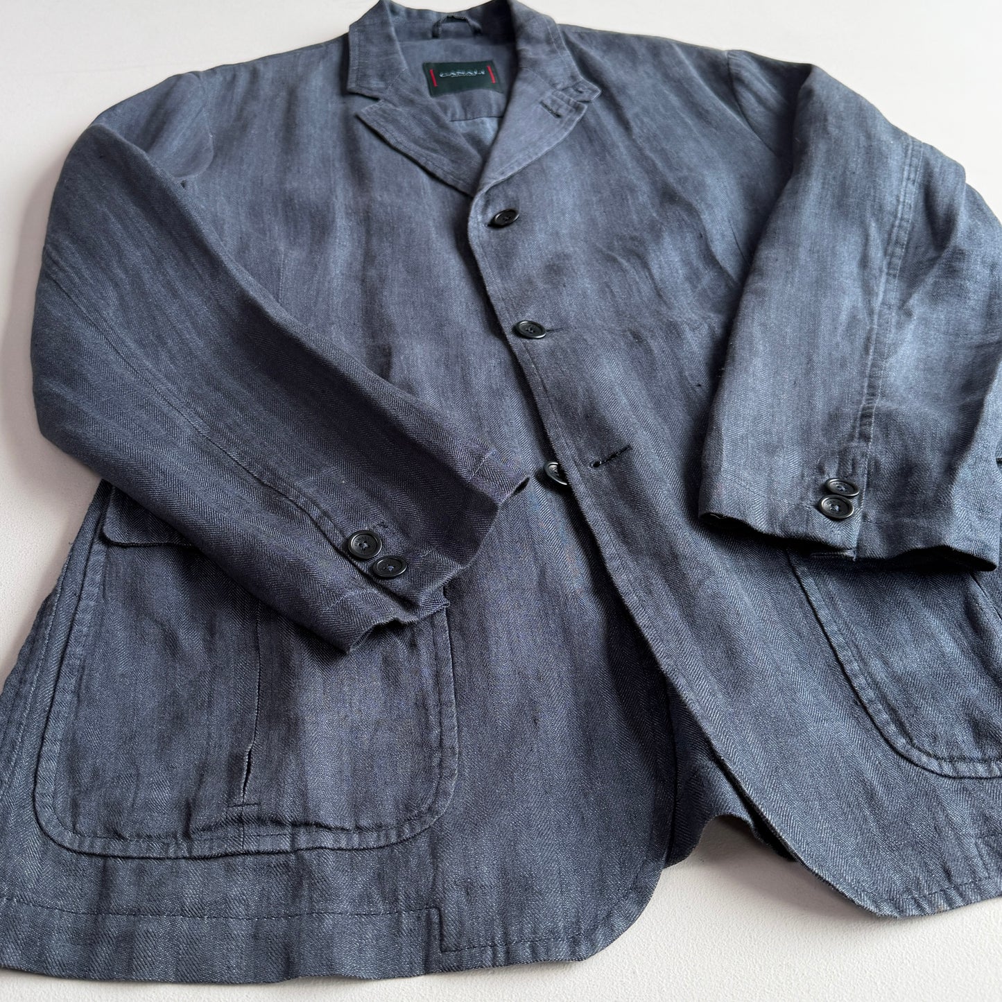 Canali (52 / L) Half-Norfolk 100% Linen Slate Blue Unstructured Sport Coat