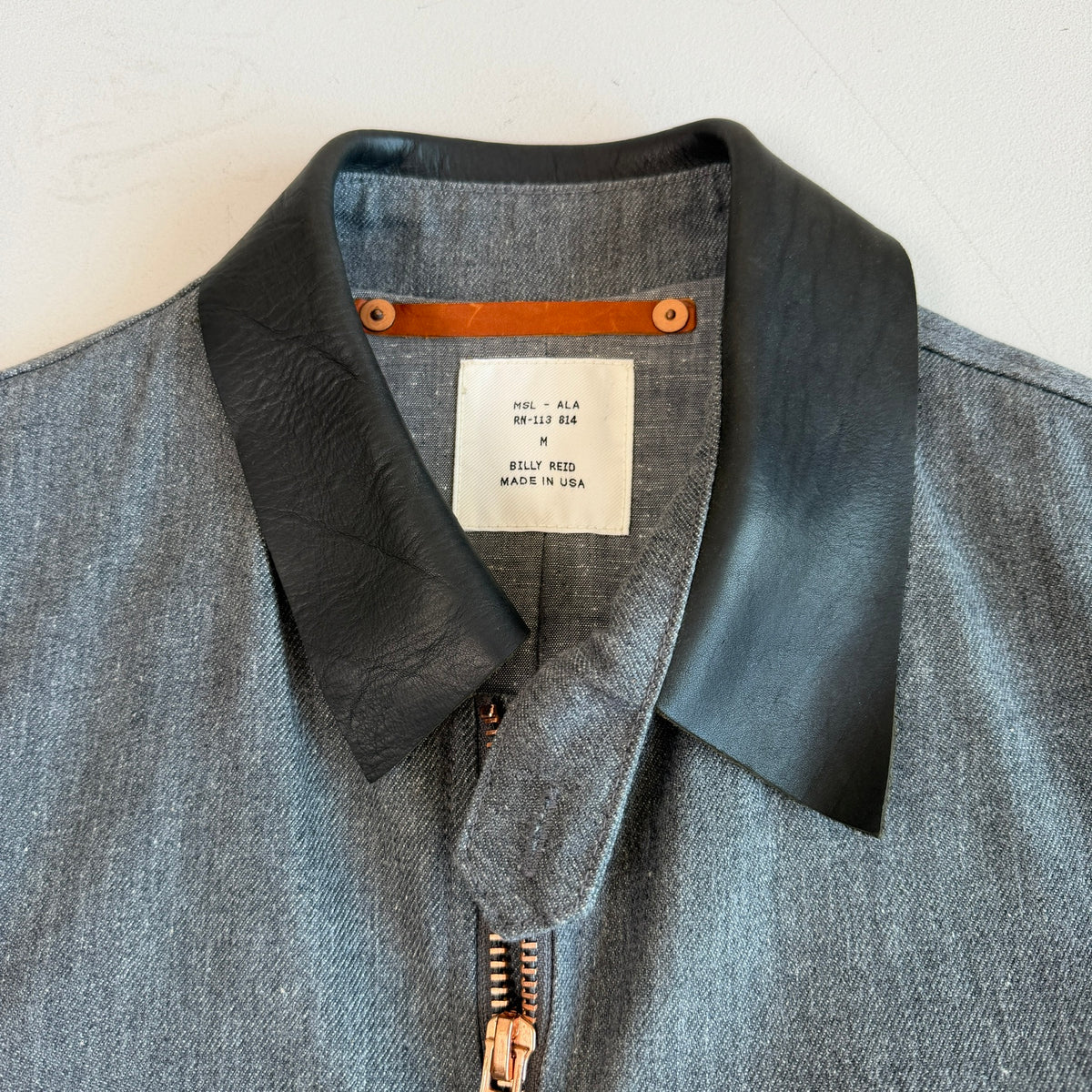 Billy Reid (M) Leather Collar Gray Denim Copper Hardware Field Jacket