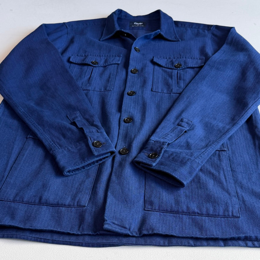 Drake's (XL) Deep Indigo Cotton Herringbone Chore Coat Jacket