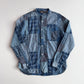 RRL Ralph Lauren (L) Indigo Patchwork Band Collar Button Front Shirt