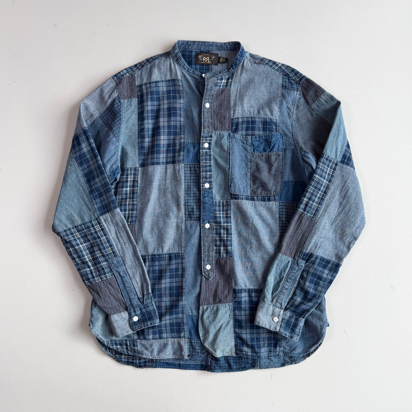 RRL Ralph Lauren (L) Indigo Patchwork Band Collar Button Front Shirt