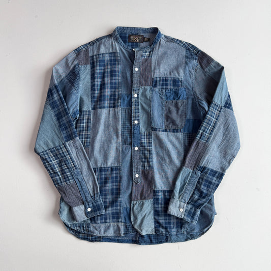 RRL Ralph Lauren (L) Indigo Patchwork Band Collar Button Front Shirt