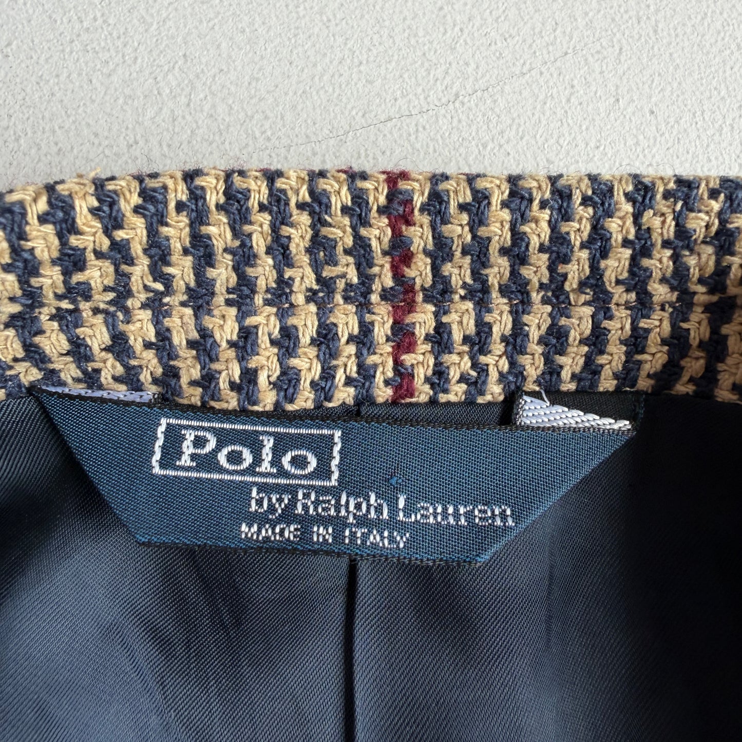 VNTG Polo Ralph Lauren (42R) 100% Silk Blue & Beige w/ Red Overcheck Sport Coat