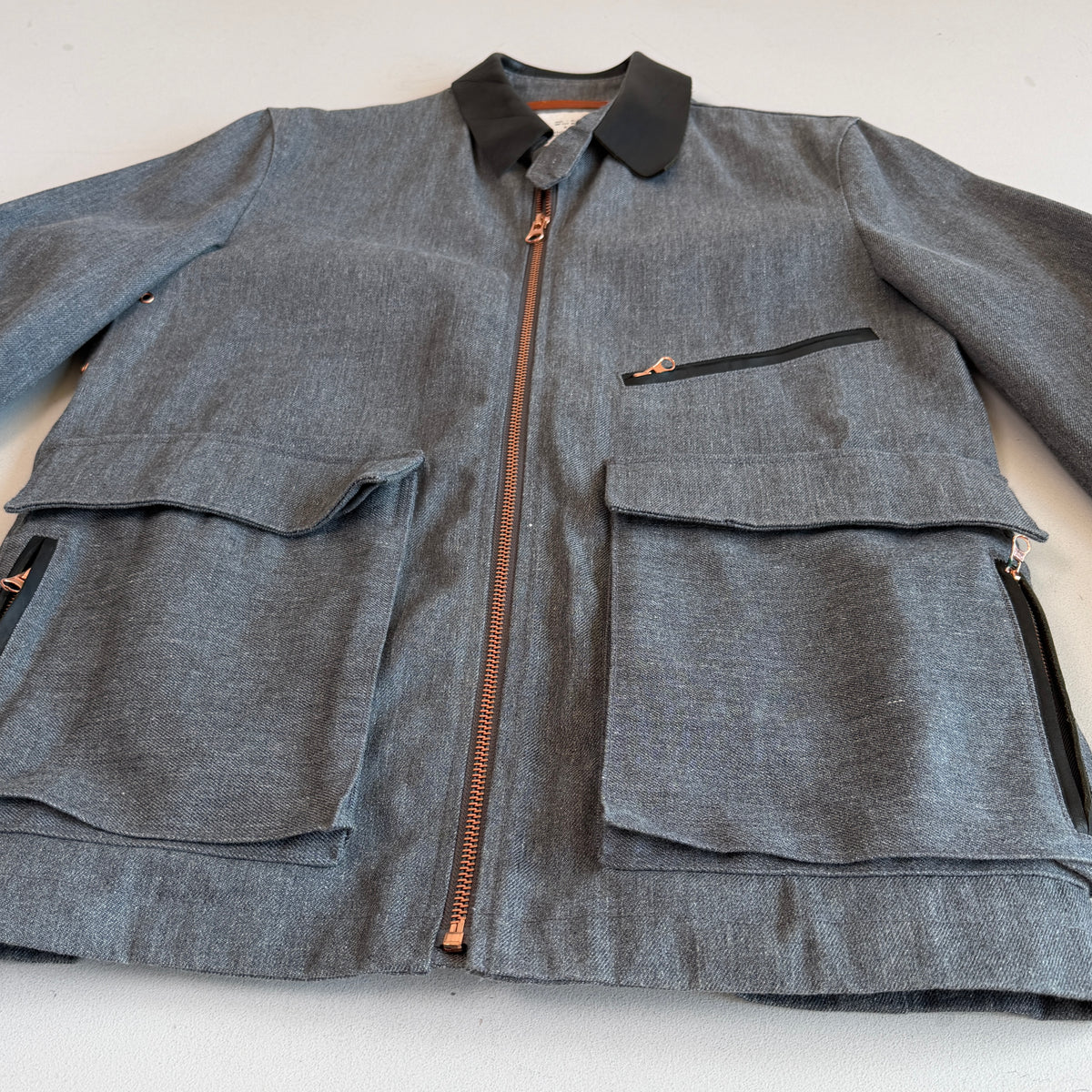 Billy Reid (M) Leather Collar Gray Denim Copper Hardware Field Jacket