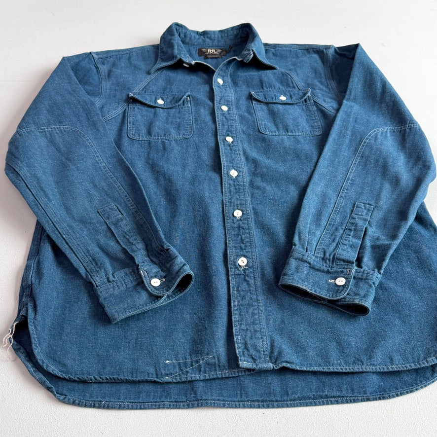 RRL Ralph Lauren (L) Indigo Cotton/Ramie Chambray Scalloped Yoke Work Shirt