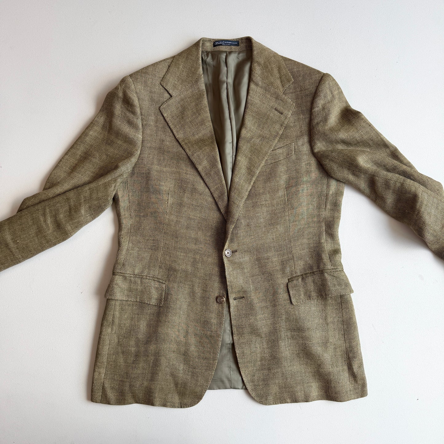 Polo Ralph Lauren (42R) Olive Green 100% Flax Tweed Herringbone Sport Coat