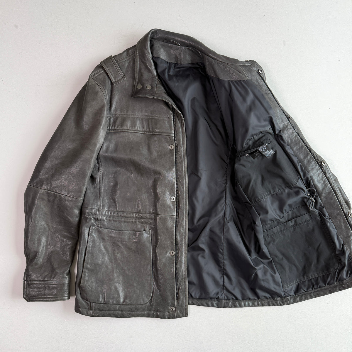 Z Zegna (54 /XL) Leather Charcoal Gray Motorcycle Utility Coat Jcket
