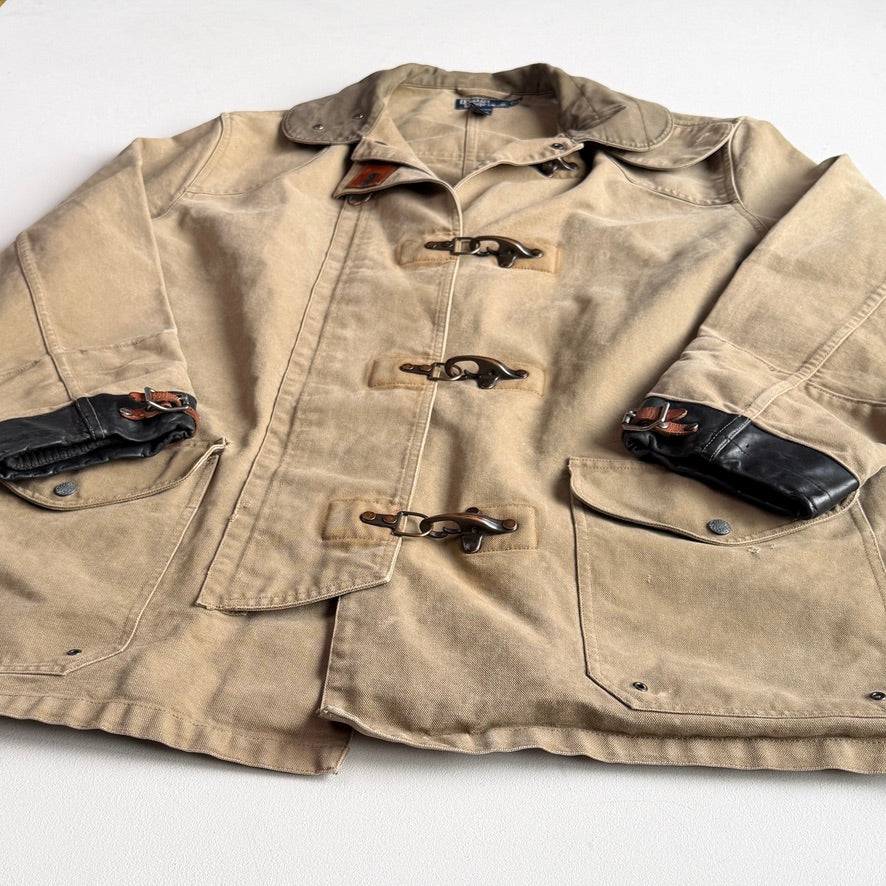 VNTG Polo Ralph Lauren (XL) Sage Fireman Clasp Leather Trim Canvas Coat