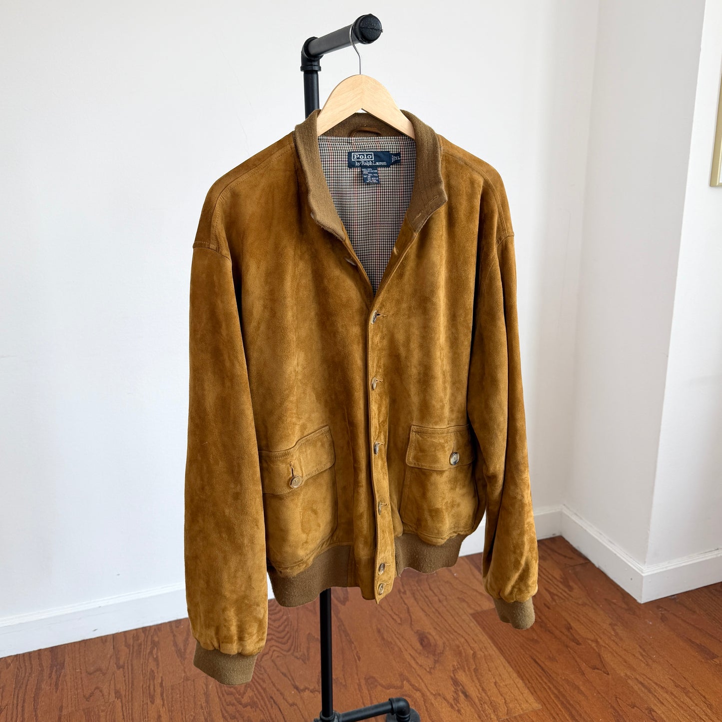 Polo Ralph Lauren (XL) Mustard Brown Suede Leather Button Bomber Jacket