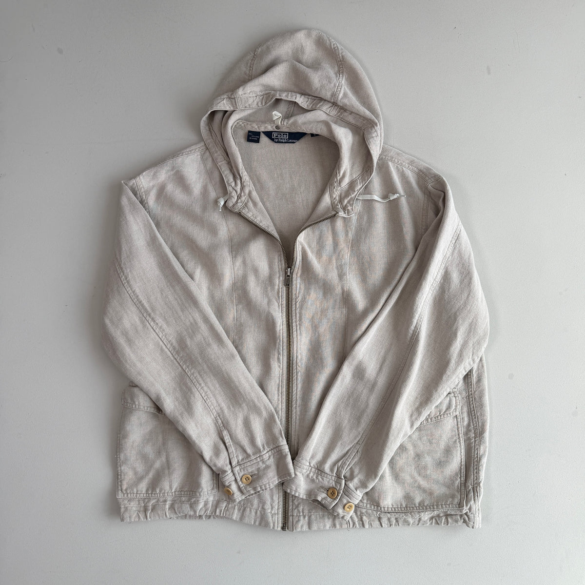 VNTG Polo Ralph Lauren (L) 100% Linen Almond-Color Zip Hooded Jacket