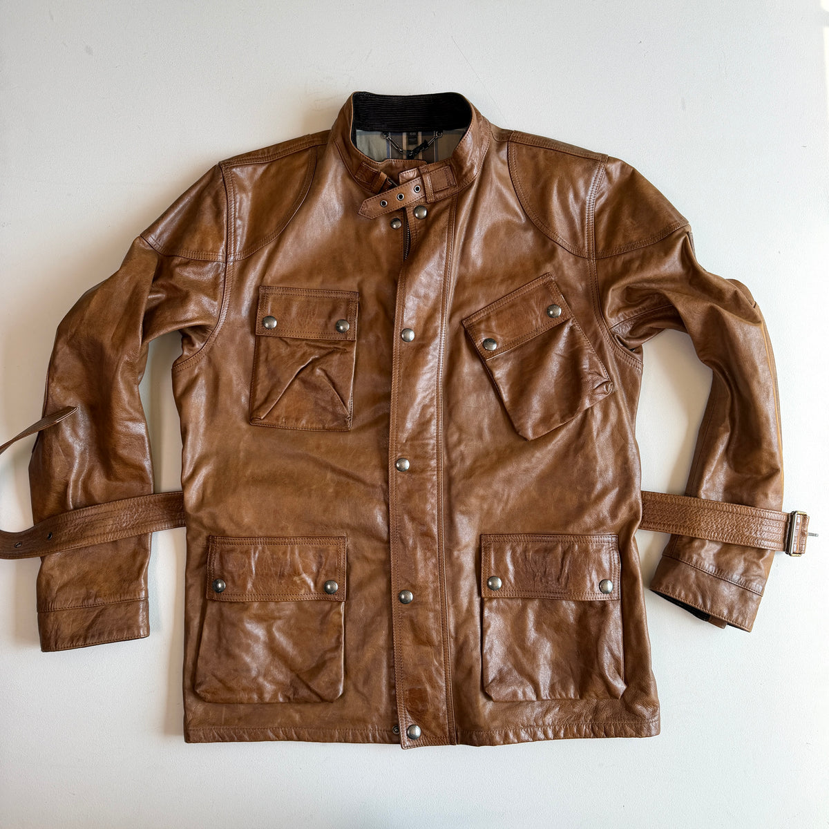 NWT Belstaff (58IT / 2XLT) Panther Cognac Four Pocket Leather Motorcycle Jacket