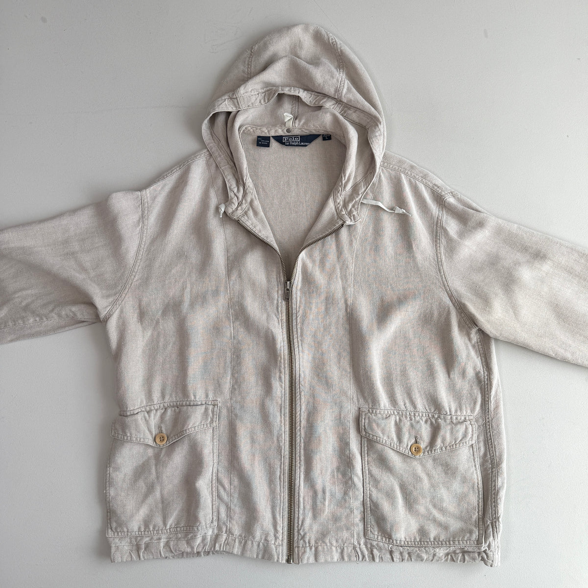 VNTG Polo Ralph Lauren (L) 100% Linen Almond-Color Zip Hooded Jacket