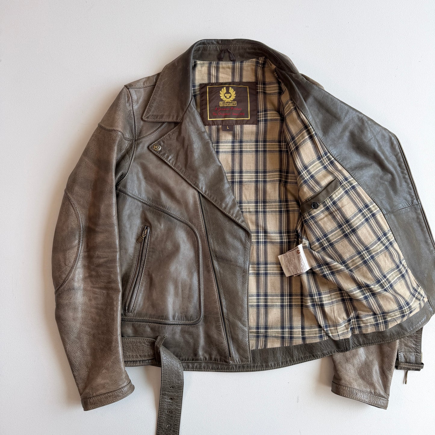 Belstaff Gold Label (L) Taupe Leather Belted Asymmetrical Zip Jacket
