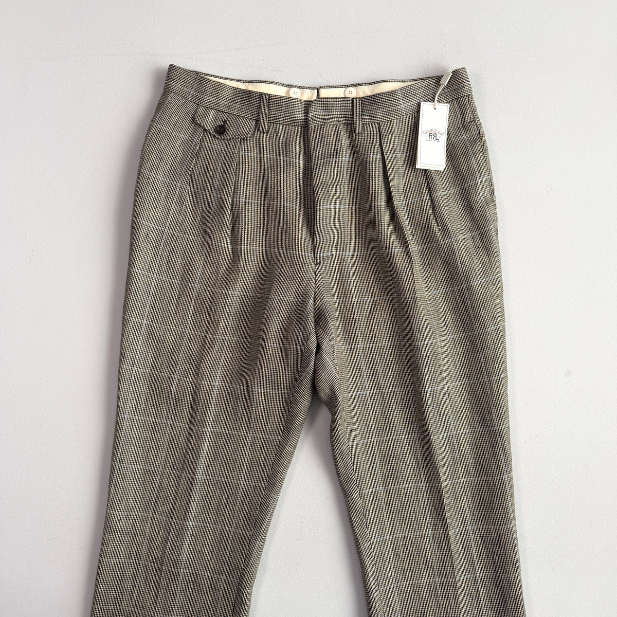 NWT RRL Ralph Lauren (34) 100% Linen Pleated Brown/Gray Blue-Overcheck Trouser Pants