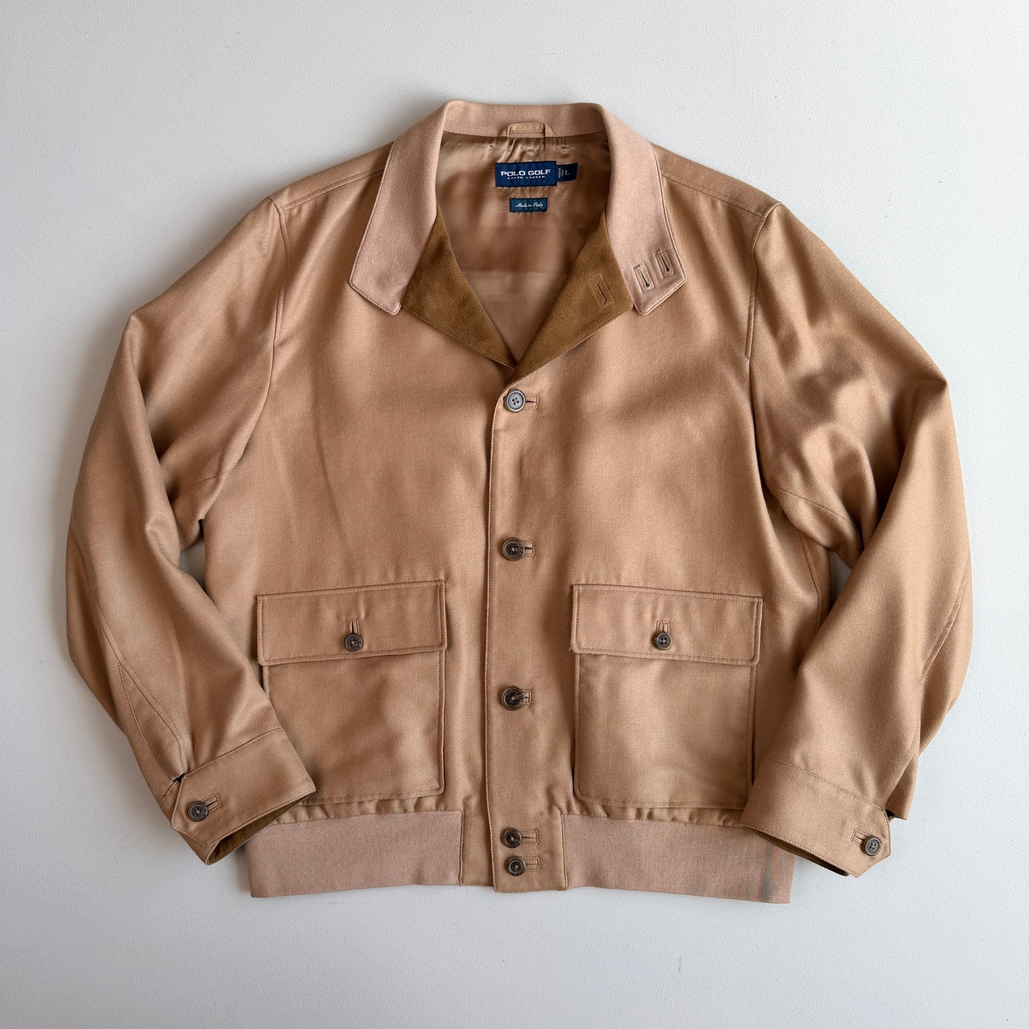 MINT! Ralph Lauren Polo Golf (L) Apricot Baby Alpaca Suede Trim Jacket