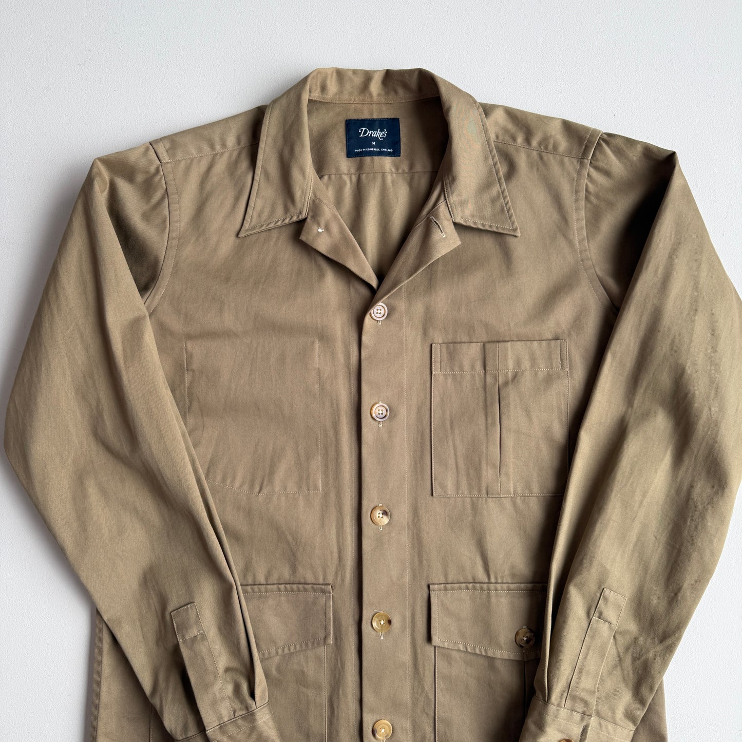 Drake's London (M) Olive/Khaki Twill Cotton Iridescent Over Shirt