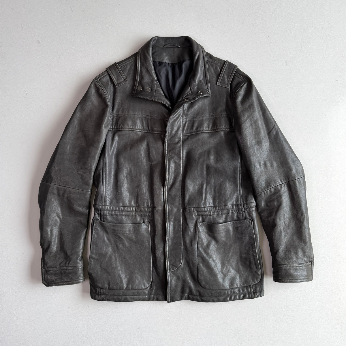 Z Zegna (54 /XL) Leather Charcoal Gray Motorcycle Utility Coat Jcket