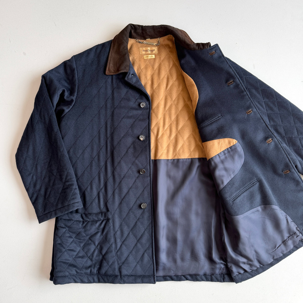 Paul Stuart (XL) 100% Cashmere Quilted Navy Blue Suede Trim Jacket Coat