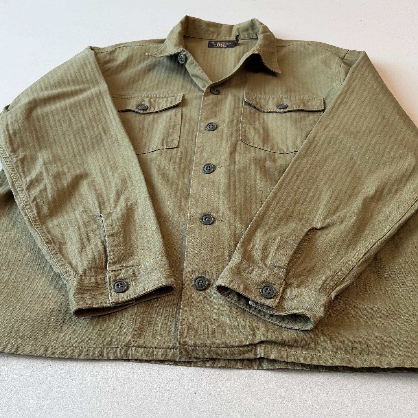 RRL Ralph Lauren (2XL) Olive Military Herringbone Twill Over Shirt