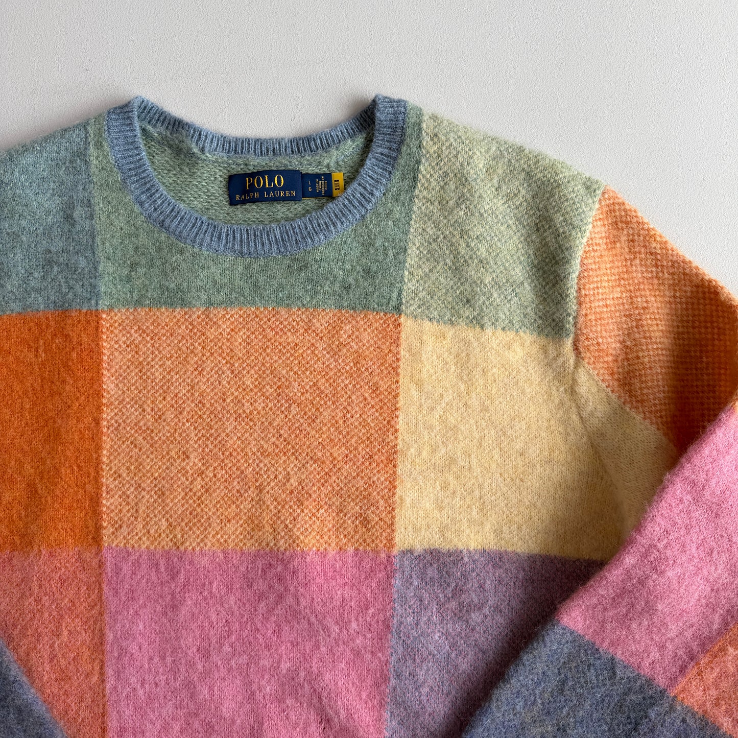 Polo Ralph Lauren (L) Brushed Wool Check Pastel "shaggy dog-like" Sweater