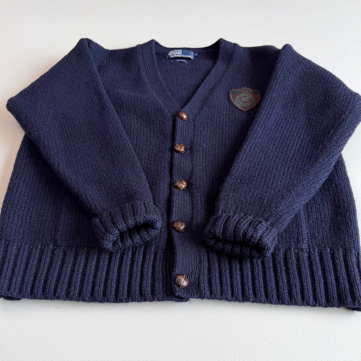VNTG Polo Ralph Lauren (L) 100% Wool Crest/Shield Navy Blue Cardigan Sweater