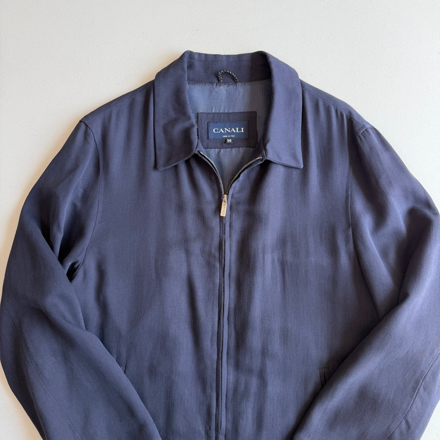 Canali (56 / 46L) 100% Silk Navy Blue Full Zip Tailored Harrington Jacket