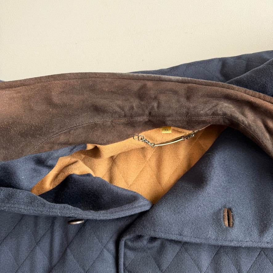 Paul Stuart (XL) 100% Cashmere Quilted Navy Blue Suede Trim Jacket Coat