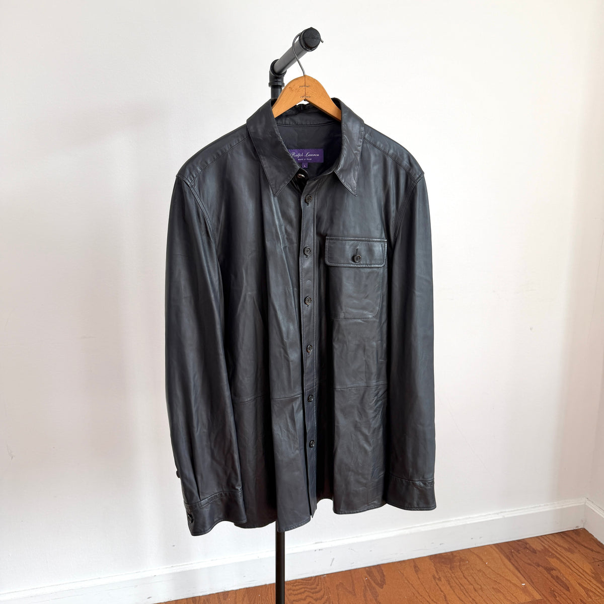 Ralph Lauren Purple Label (L) Skived Lamb Leather Midnight Blue Overshirt