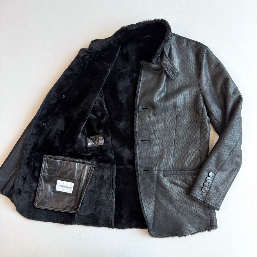 Giorgio Armani (48IT /38R) Lamb Shearling Leather Black Button Coat