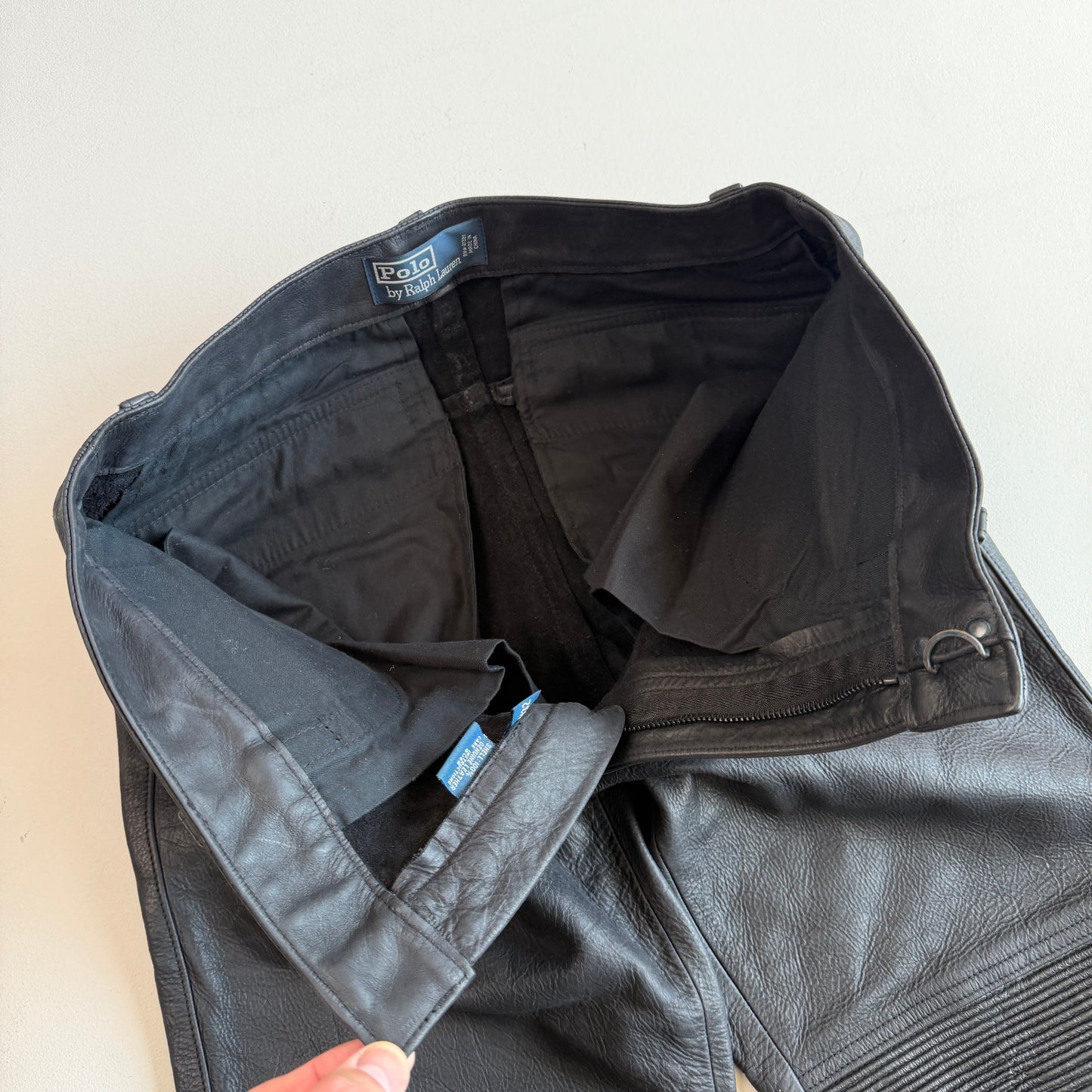 Polo Ralph Lauren (30/31 x 32/33) Leather Motorcycle Ribbed Thigh Black Pants