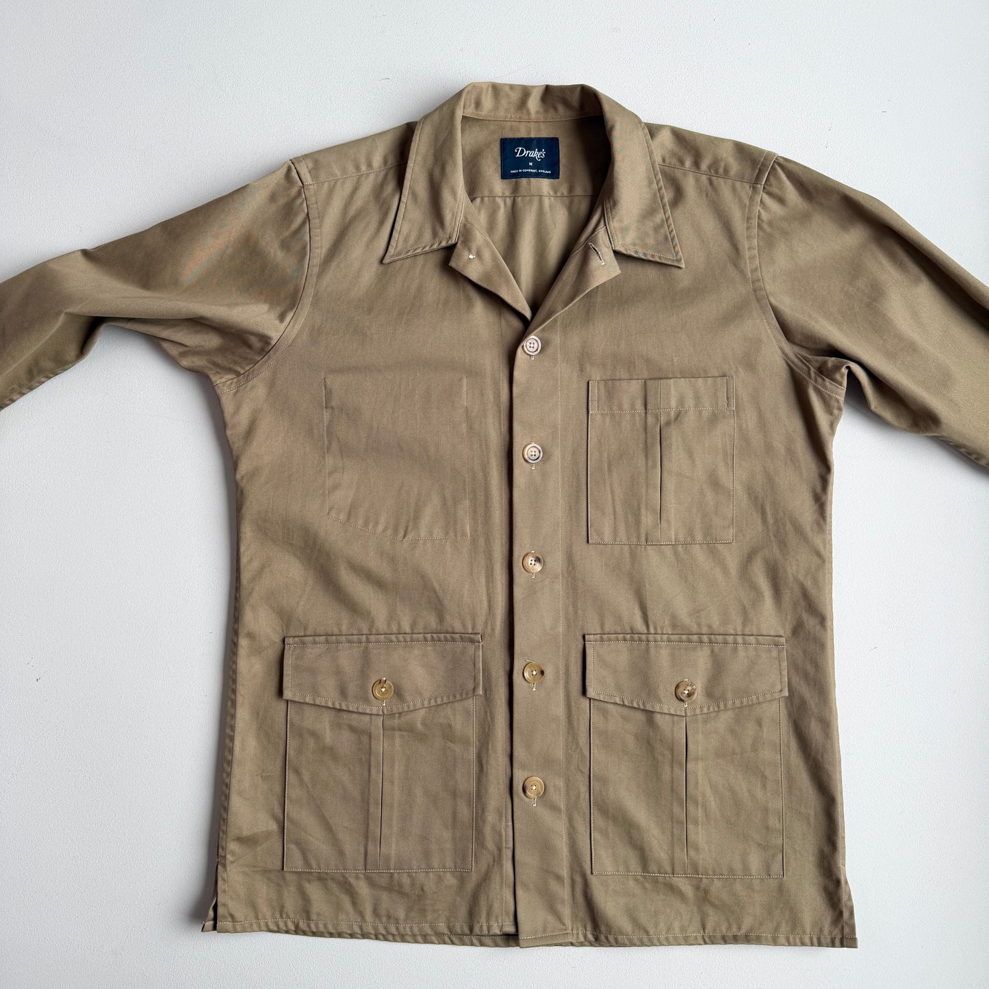 Drake's London (M) Olive/Khaki Twill Cotton Iridescent Over Shirt